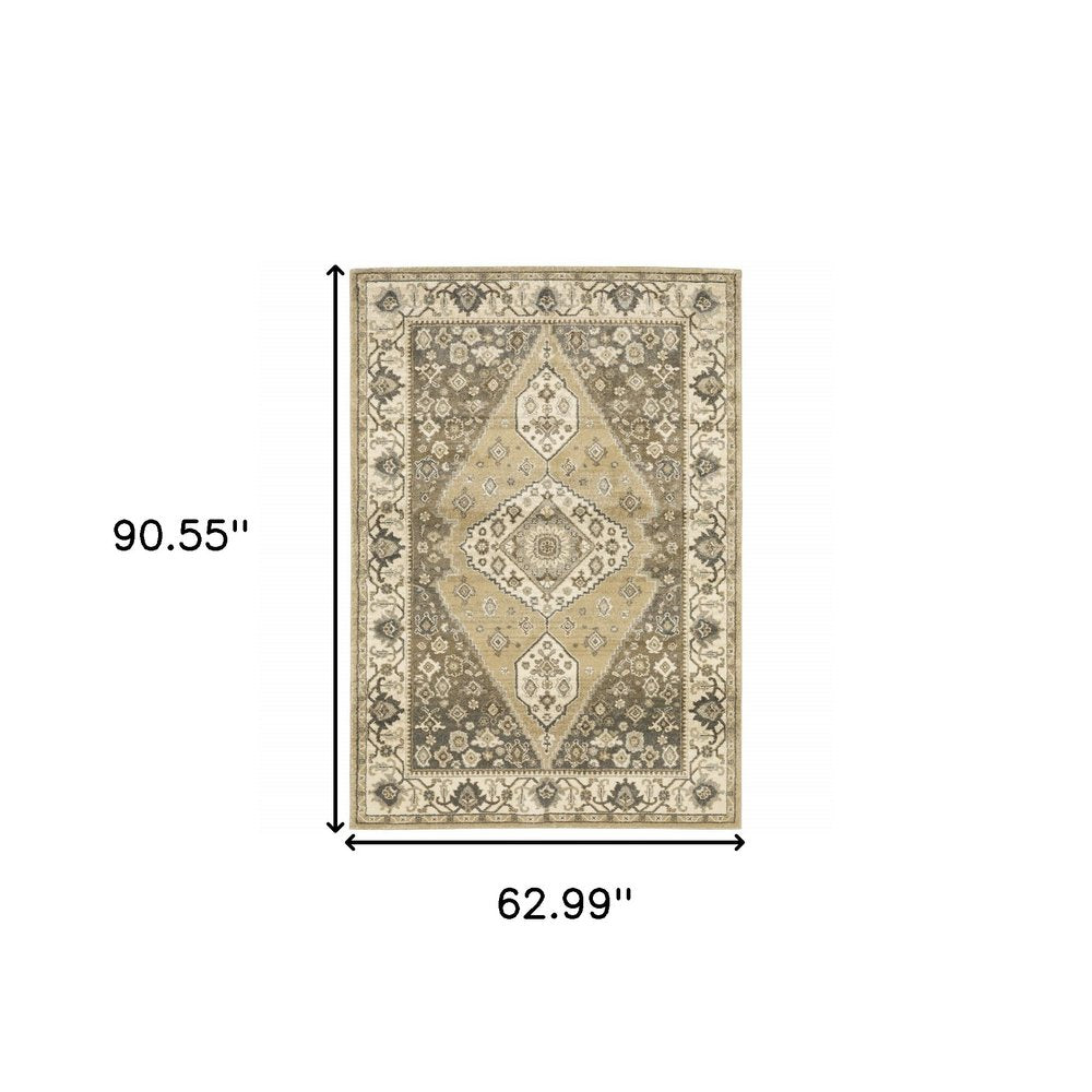 5' X 8' Beige Grey Tan And Charcoal Oriental Power Loom Stain Resistant Area Rug
