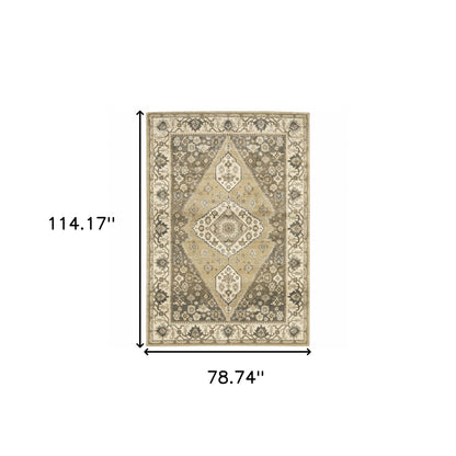 6' X 9' Beige Grey Tan And Charcoal Oriental Power Loom Stain Resistant Area Rug