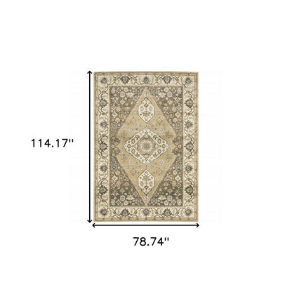 6' X 9' Beige Grey Tan And Charcoal Oriental Power Loom Stain Resistant Area Rug