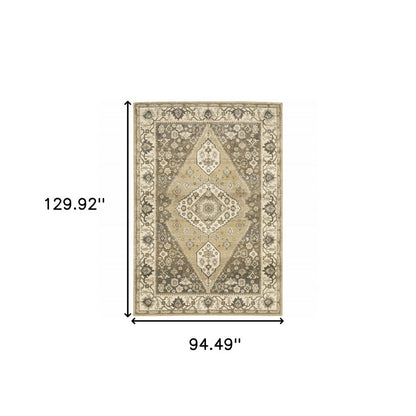 8' X 11' Beige Grey Tan And Charcoal Oriental Power Loom Stain Resistant Area Rug