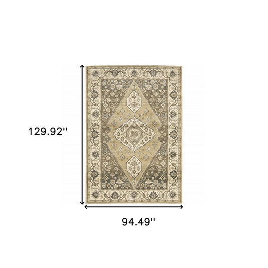8' X 11' Beige Grey Tan And Charcoal Oriental Power Loom Stain Resistant Area Rug