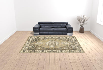 10' X 13' Beige Grey Tan And Charcoal Oriental Power Loom Stain Resistant Area Rug