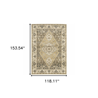 10' X 13' Beige Grey Tan And Charcoal Oriental Power Loom Stain Resistant Area Rug