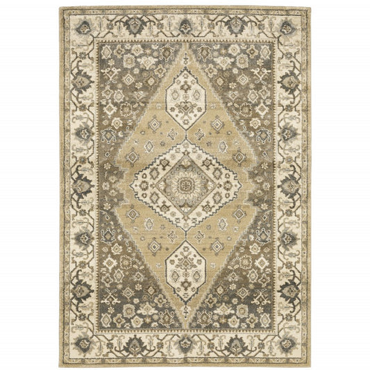 10' X 13' Beige Grey Tan And Charcoal Oriental Power Loom Stain Resistant Area Rug