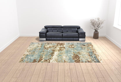 10' X 14' Blue And Brown Abstract Hand Loomed Stain Resistant Area Rug