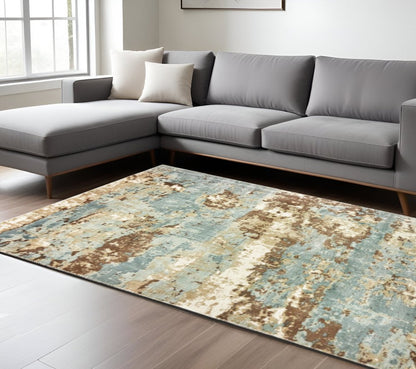 10' X 14' Blue And Brown Abstract Hand Loomed Stain Resistant Area Rug