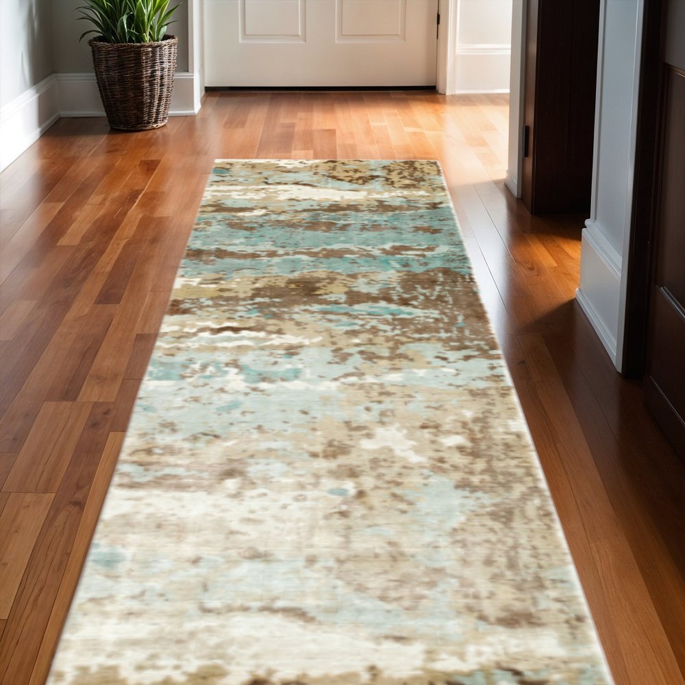 2' X 10' Blue And Brown Abstract Hand Loomed Stain Resistant Runner Rug
