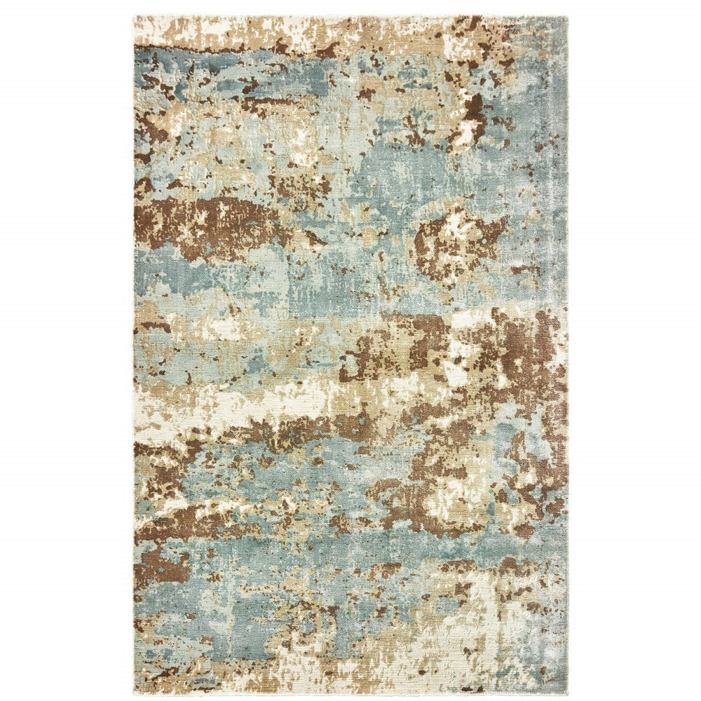 6' X 9' Blue And Brown Abstract Hand Loomed Distressed Area Rug