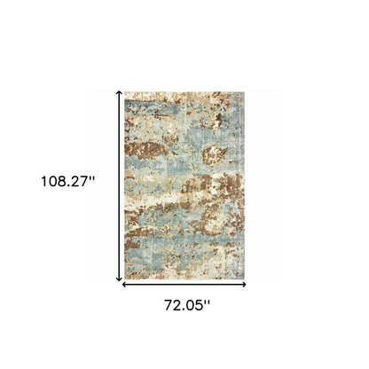 6' X 9' Blue And Brown Abstract Hand Loomed Distressed Area Rug