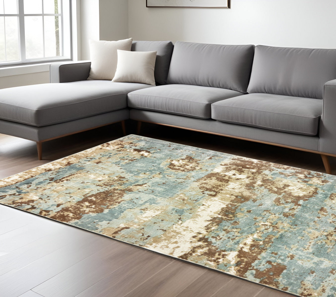 6' X 9' Blue And Brown Abstract Hand Loomed Stain Resistant Area Rug