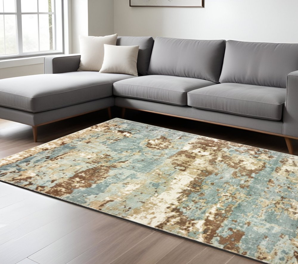 8' X 10' Blue And Brown Abstract Hand Loomed Stain Resistant Area Rug