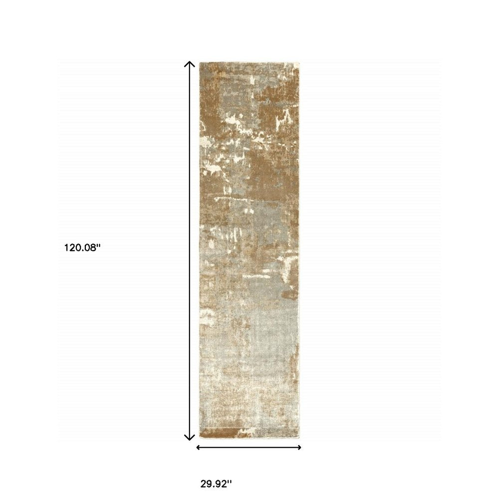 2' X 10' Grey And Brown Abstract Hand Loomed Stain Resistant Runner Rug