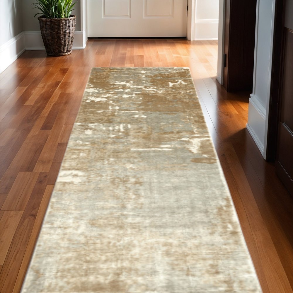 2' X 10' Grey And Brown Abstract Hand Loomed Stain Resistant Runner Rug