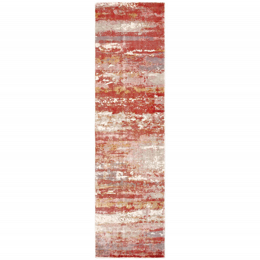 2' X 10' Pink And Red Abstract Hand Loomed Stain Resistant Runner Rug