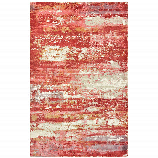 8' X 10' Pink And Red Abstract Hand Loomed Stain Resistant Area Rug