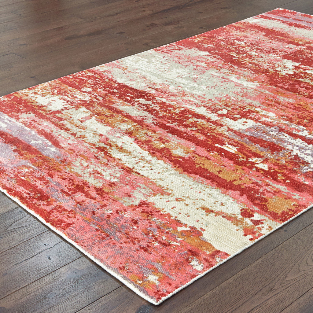 8' X 10' Pink And Red Abstract Hand Loomed Stain Resistant Area Rug