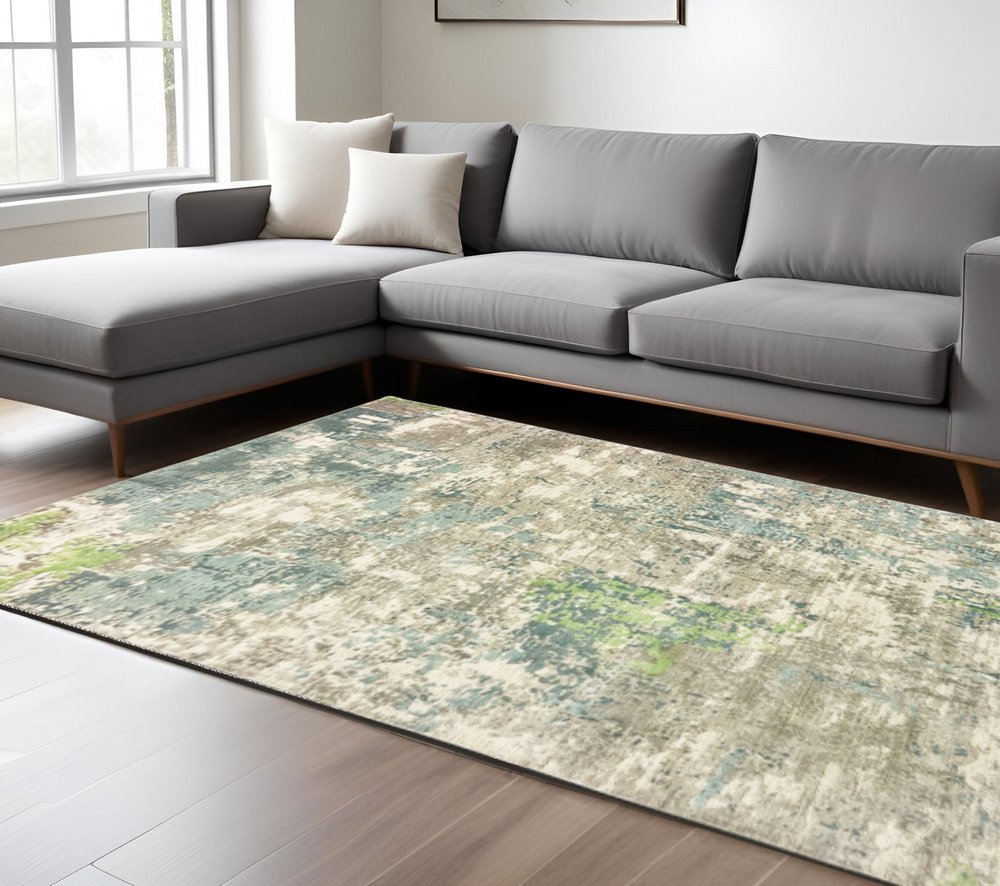 10' X 14' Blue And Green Abstract Hand Loomed Stain Resistant Area Rug