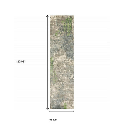 2' X 10' Blue And Green Abstract Hand Loomed Stain Resistant Runner Rug