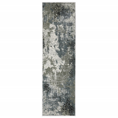 2' X 8' Ivory Grey Charcoal Blue And Navy Abstract Power Loom Stain Resistant Runner Rug