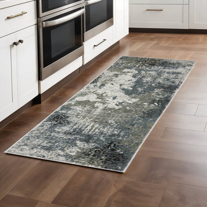 2' X 8' Ivory Grey Charcoal Blue And Navy Abstract Power Loom Stain Resistant Runner Rug
