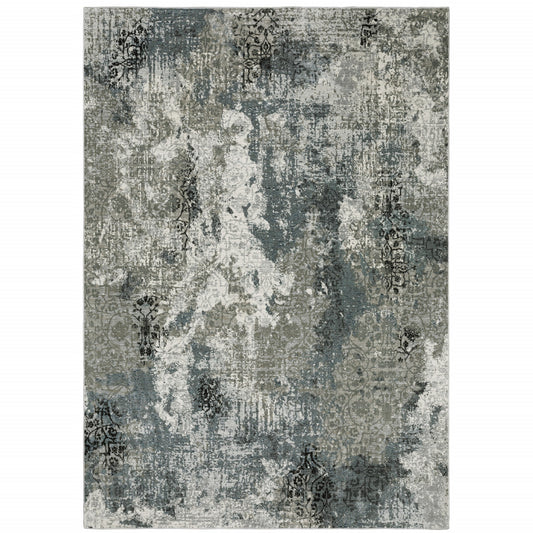 10' X 13' Ivory Grey Charcoal Blue And Navy Abstract Power Loom Stain Resistant Area Rug