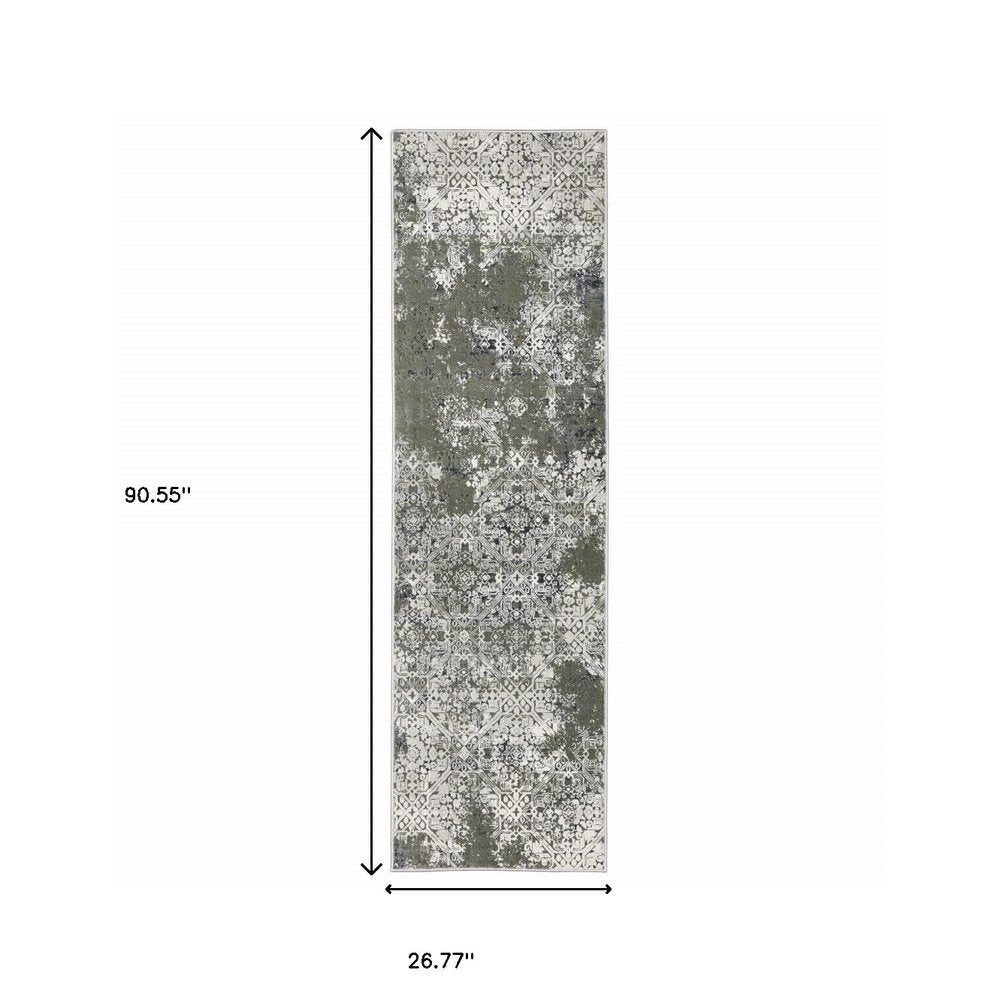 2' X 8' Ivory Grey Blue And Taupe Abstract Power Loom Stain Resistant Runner Rug