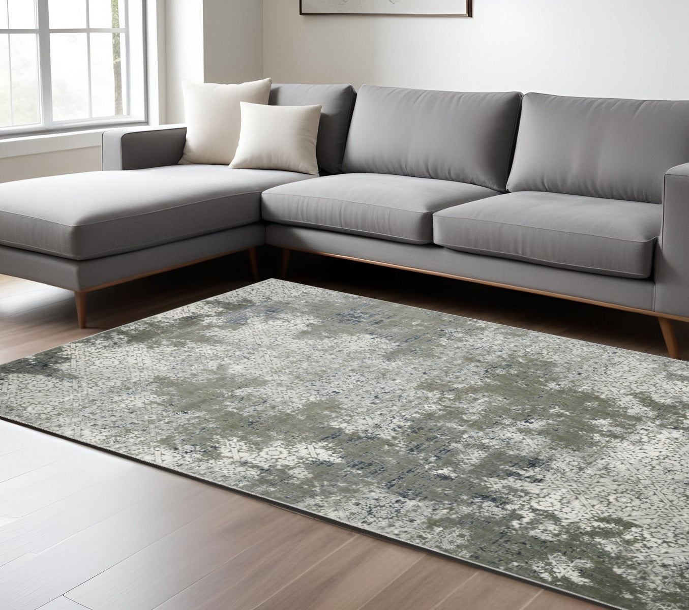 6' X 9' Ivory Grey Blue And Taupe Abstract Power Loom Stain Resistant Area Rug