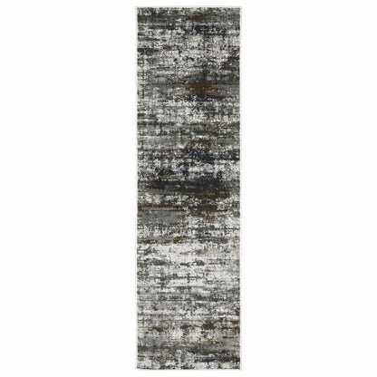 2' X 8' Ivory Charcoal Grey Blue Rust And Brown Abstract Power Loom Stain Resistant Runner Rug