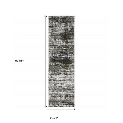 2' X 8' Ivory Charcoal Grey Blue Rust And Brown Abstract Power Loom Stain Resistant Runner Rug