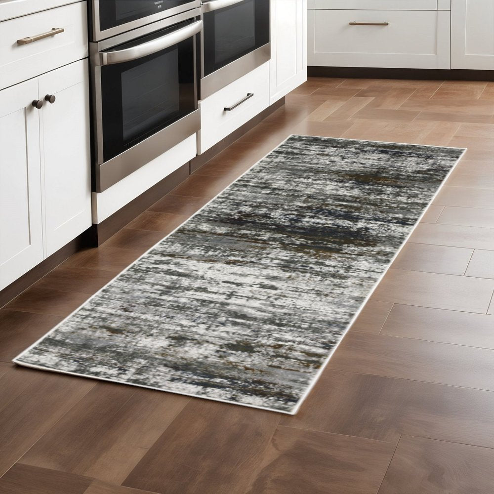2' X 8' Ivory Charcoal Grey Blue Rust And Brown Abstract Power Loom Stain Resistant Runner Rug