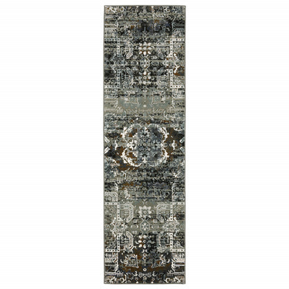 2' X 8' Ivory Charcoal Grey Blue Rust Gold And Brown Oriental Power Loom Stain Resistant Runner Rug