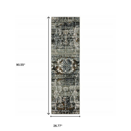 2' X 8' Ivory Charcoal Grey Blue Rust Gold And Brown Oriental Power Loom Stain Resistant Runner Rug