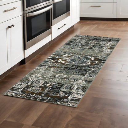 2' X 8' Ivory Charcoal Grey Blue Rust Gold And Brown Oriental Power Loom Stain Resistant Runner Rug