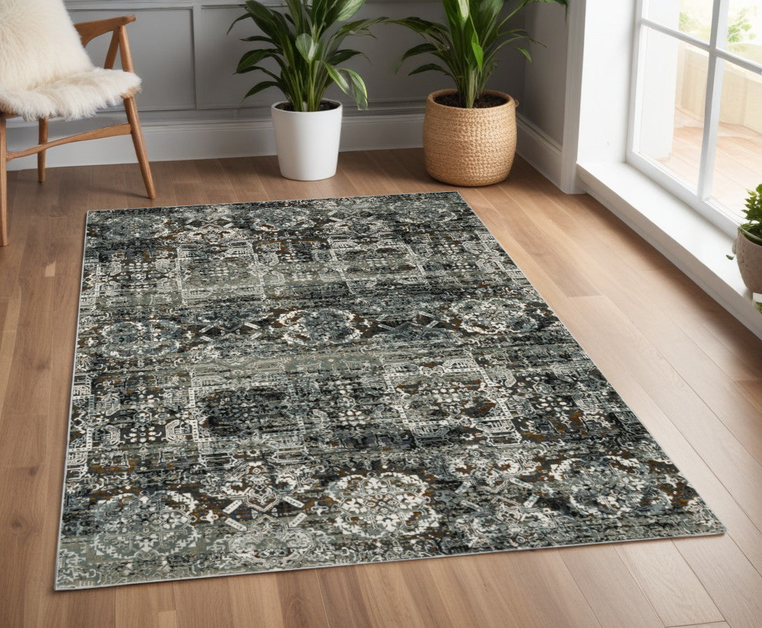 4' X 6' Ivory Charcoal Grey Blue Rust Gold And Brown Oriental Power Loom Stain Resistant Area Rug