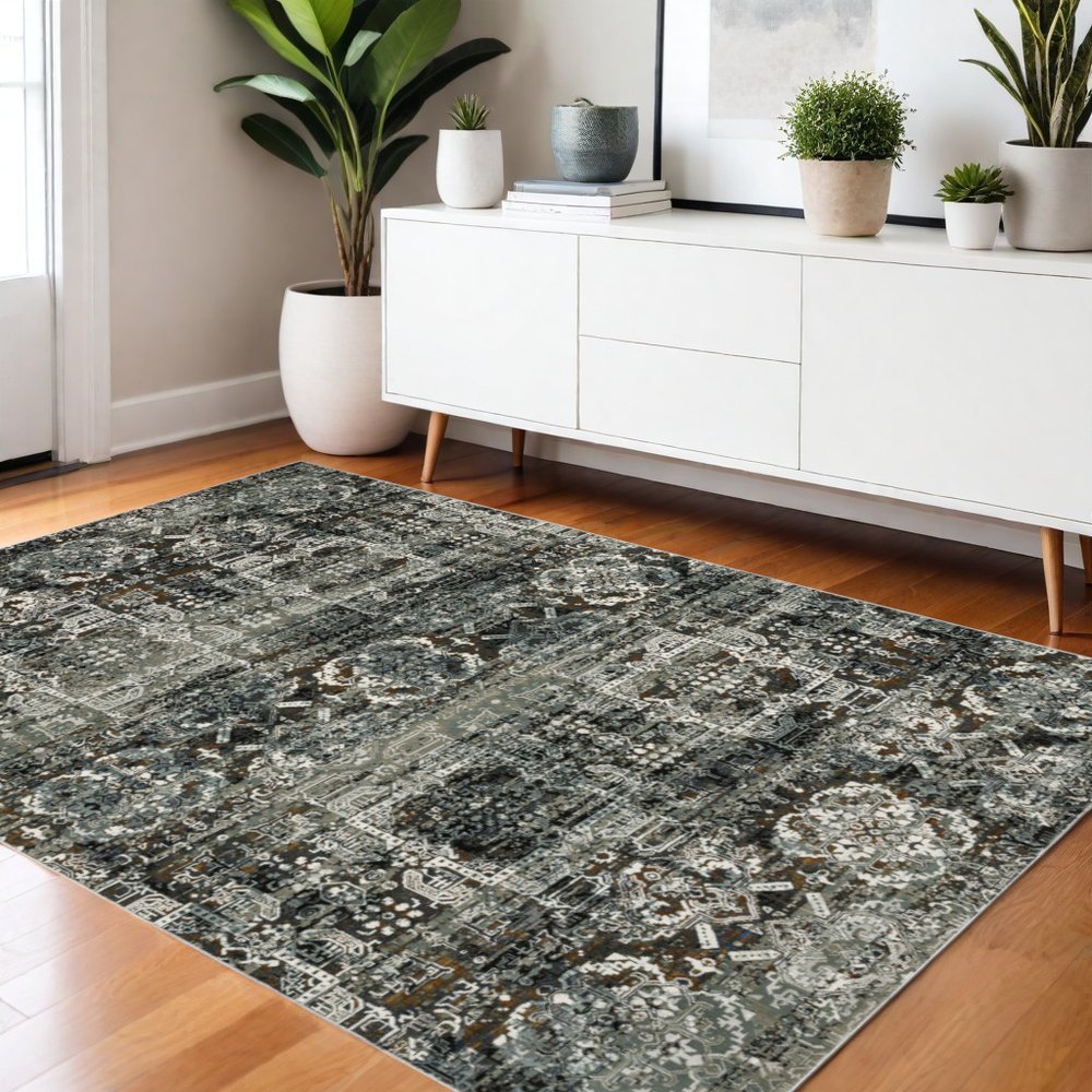4' X 6' Charcoal Gray And White Oriental Distressed Area Rug