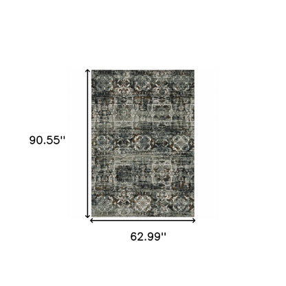 5' X 8' Ivory Charcoal Grey Blue Rust Gold And Brown Oriental Power Loom Stain Resistant Area Rug