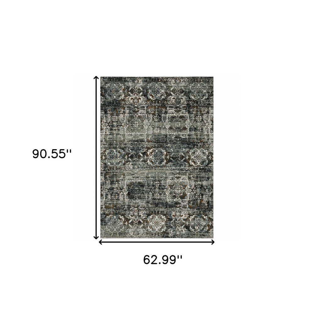 5' X 8' Charcoal Gray And White Oriental Distressed Area Rug