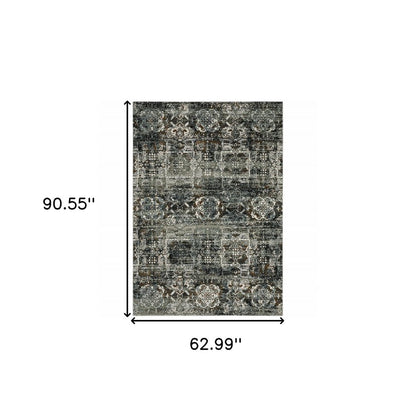 5' X 8' Charcoal Gray And White Oriental Distressed Area Rug