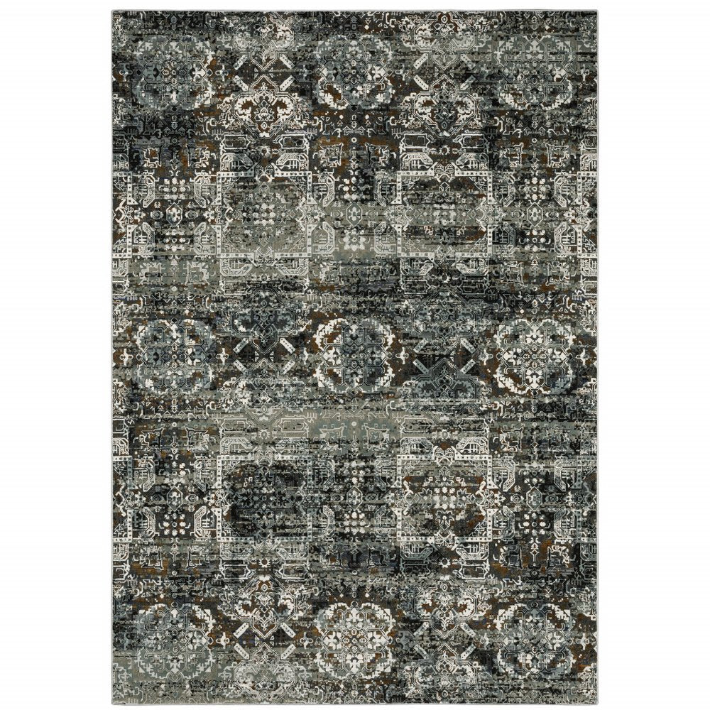 7' X 10' Charcoal Gray And White Oriental Distressed Area Rug