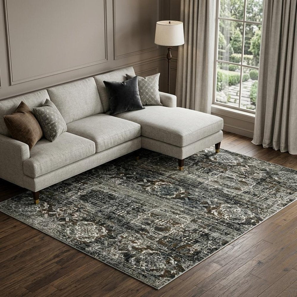 7' X 10' Charcoal Gray And White Oriental Distressed Area Rug
