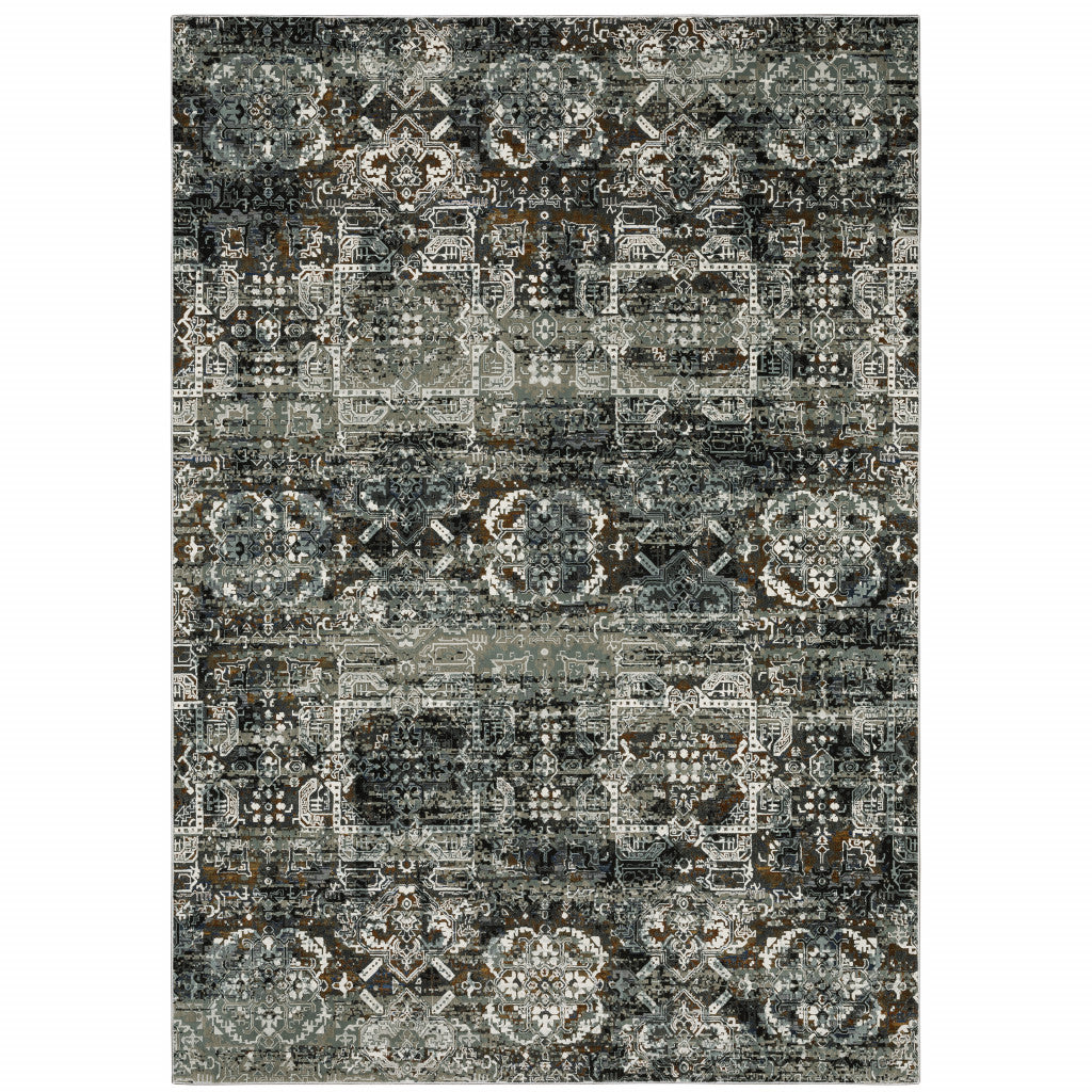 10' X 13' Ivory Charcoal Grey Blue Rust Gold And Brown Oriental Power Loom Stain Resistant Area Rug