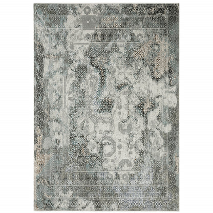 5' X 8' Ivory Grey Charcoal Blue And Rust Oriental Power Loom Stain Resistant Area Rug