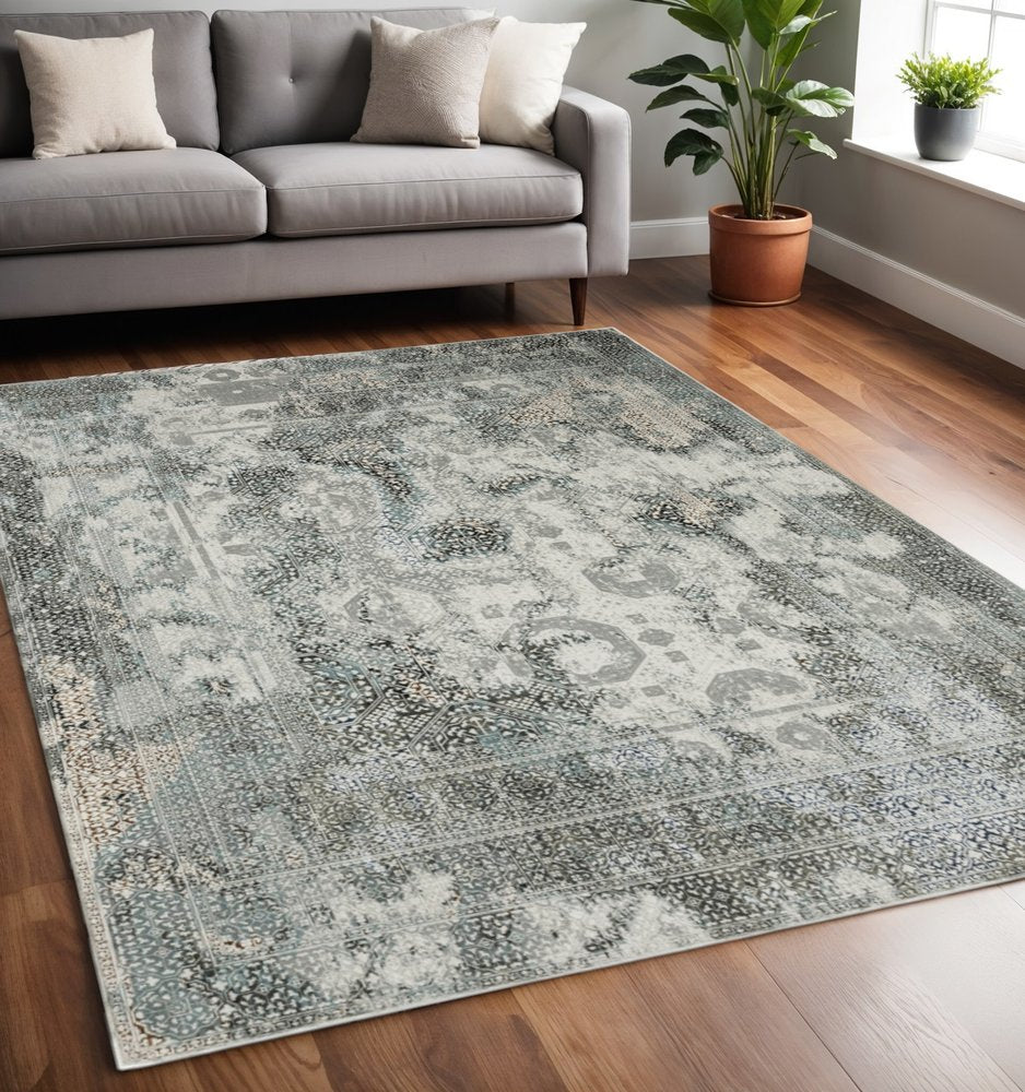 5' X 8' Gray And Ivory Oriental Distressed Area Rug