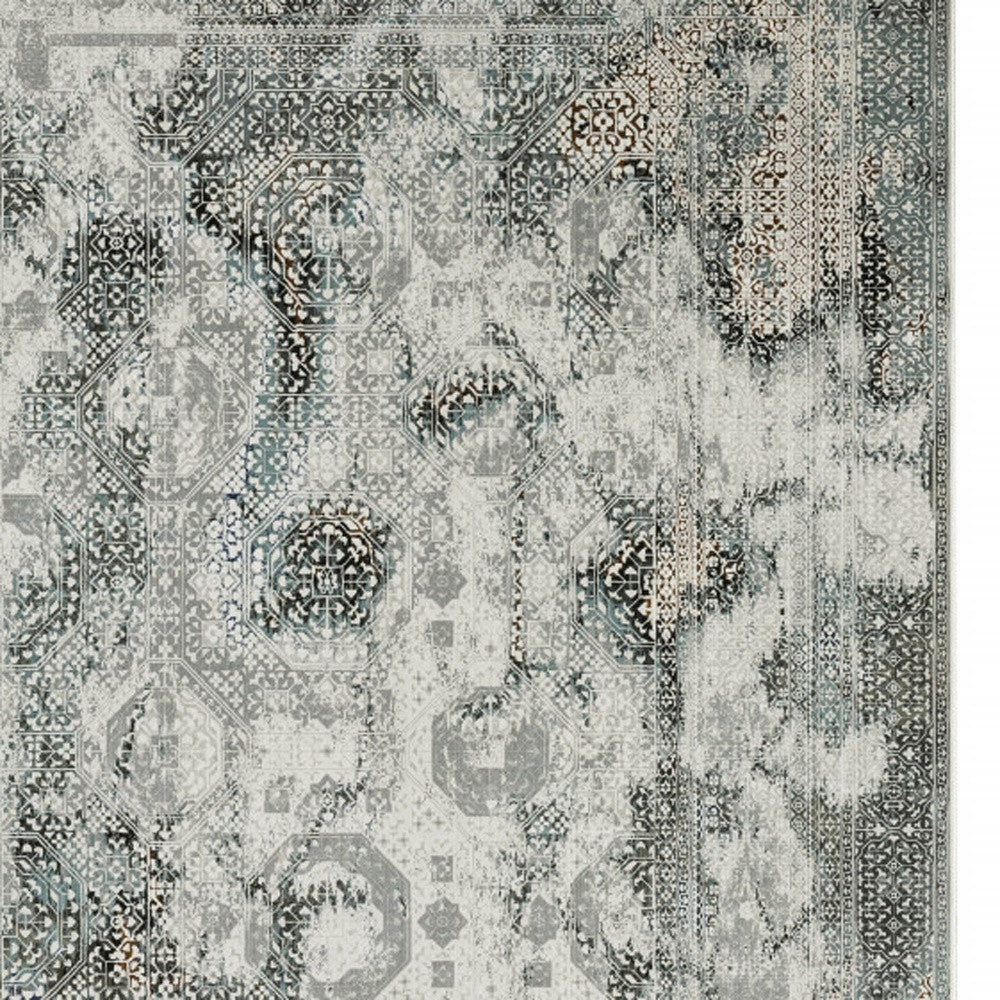 10' X 13' Ivory Grey Charcoal Blue And Rust Oriental Power Loom Stain Resistant Area Rug