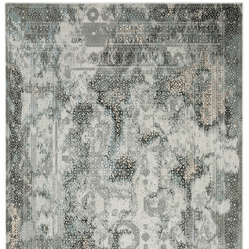 10' X 13' Ivory Grey Charcoal Blue And Rust Oriental Power Loom Stain Resistant Area Rug