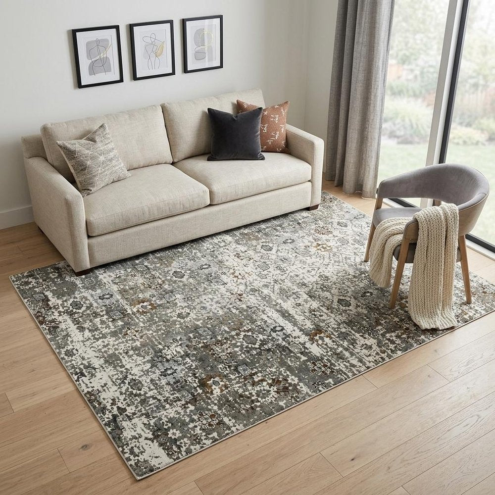 5' X 8' Gray and Ivory Oriental Power Loom Area Rug