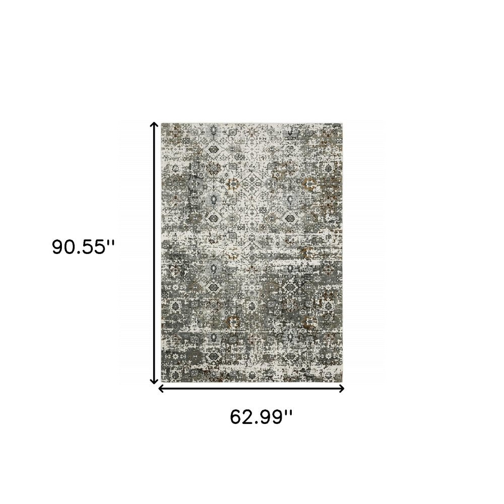 5' X 8' Gray and Ivory Oriental Power Loom Area Rug