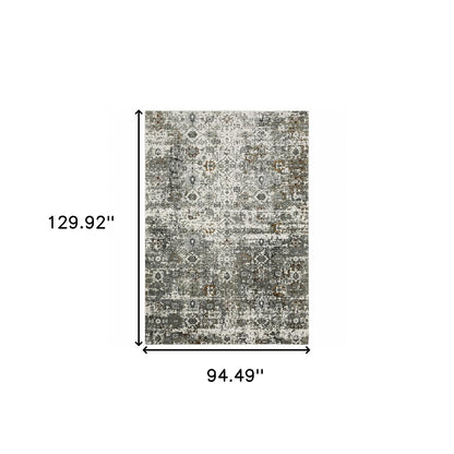 8' X 11' Ivory Grey Charcoal Rust Gold And Brown Oriental Power Loom Stain Resistant Area Rug