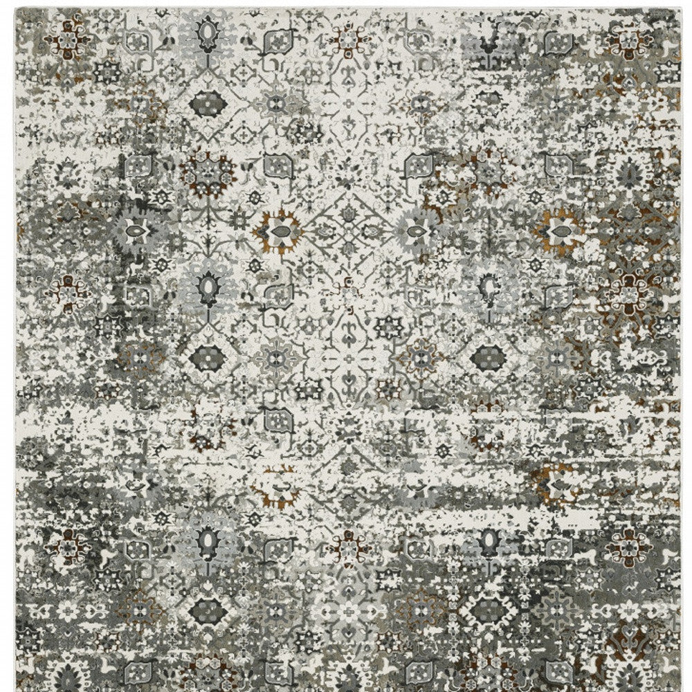 8' X 11' Ivory Grey Charcoal Rust Gold And Brown Oriental Power Loom Stain Resistant Area Rug