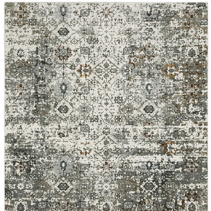 8' X 11' Ivory Grey Charcoal Rust Gold And Brown Oriental Power Loom Stain Resistant Area Rug